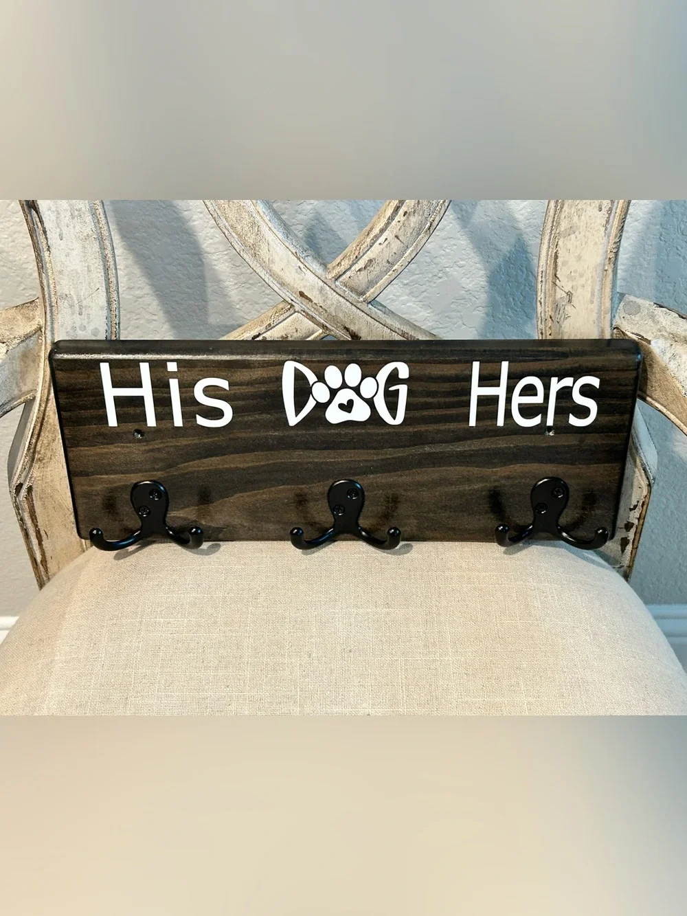 Wooden rack with three hooks: His, Dog, Hers